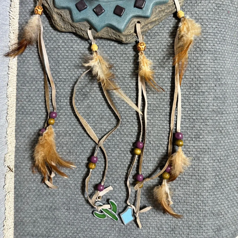 Southwestern Buffalo Bear Wall Art Set Resin Petroglyph Plaques Feathers Beads